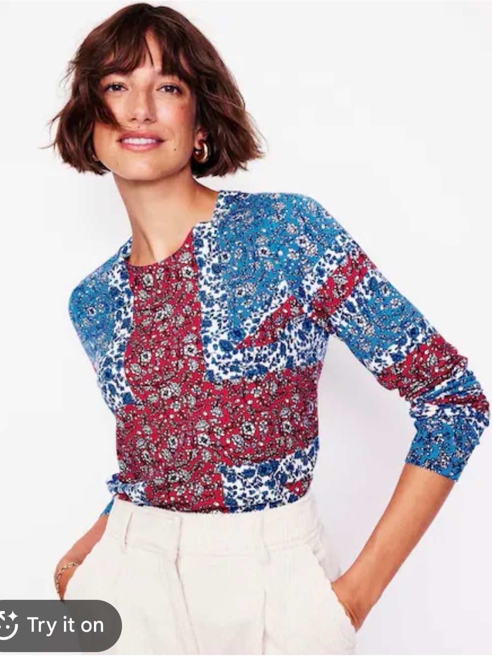 Boden Patchwork Floral Long Sleeve Top - Blue & Red